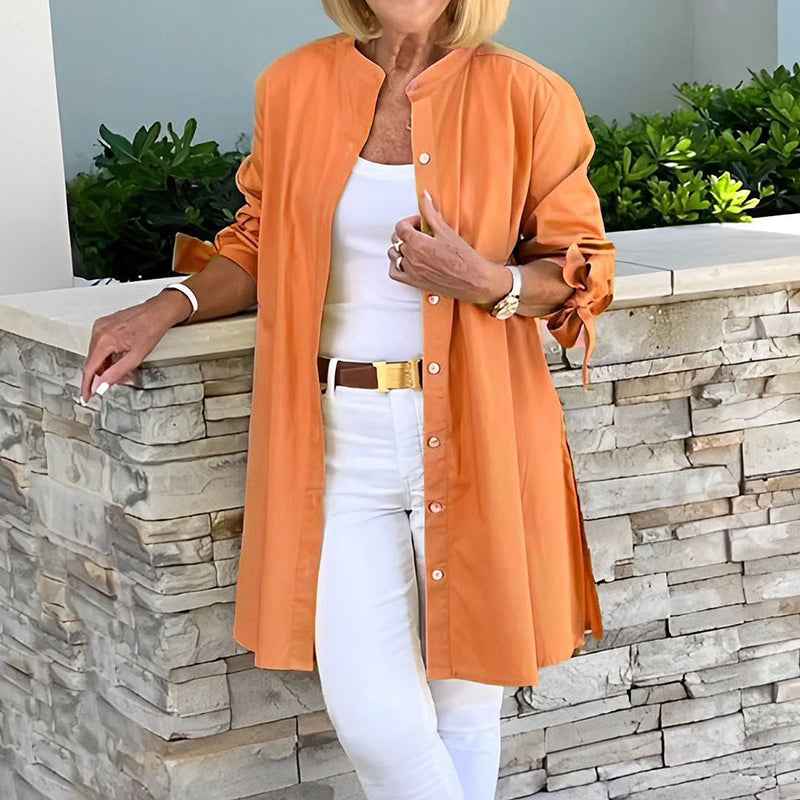 Women's Relaxed Fit Tunic Blouse – Breathable Long Sleeve with Button Closure Orange