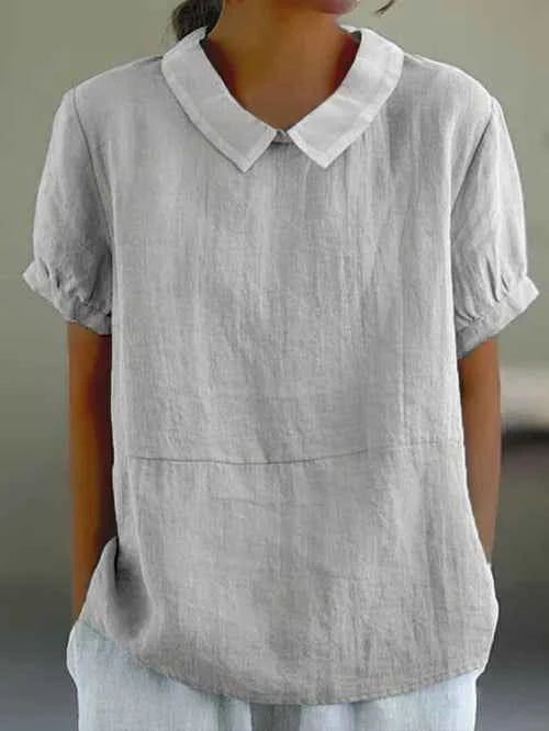 Women's Short Sleeve Collared Linen Blouse Gray