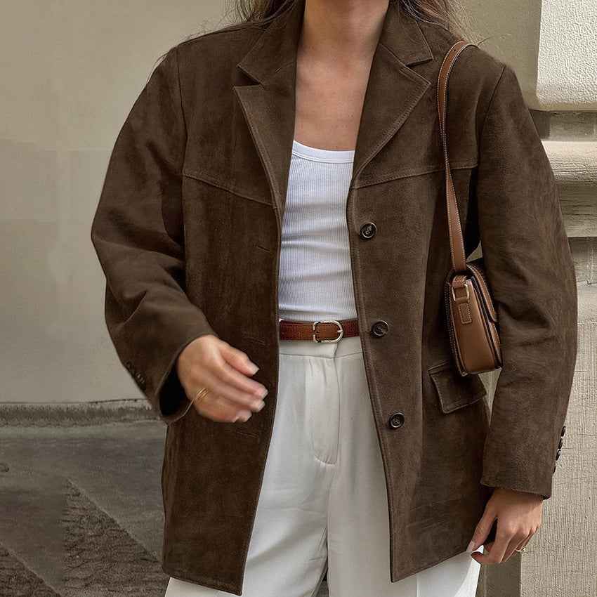 Women's Suede Blazer - Stylish and Versatile Outerwear Brown