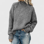 Women's Cotton Crewneck Relaxed Fit Textured Cable-knit Sweater Gray
