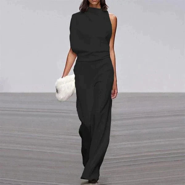 Women's Elegant One-Shoulder Fitted Jumpsuit with Wide Legs Black