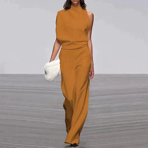 Women's Elegant One-Shoulder Fitted Jumpsuit with Wide Legs Ochre Yellow