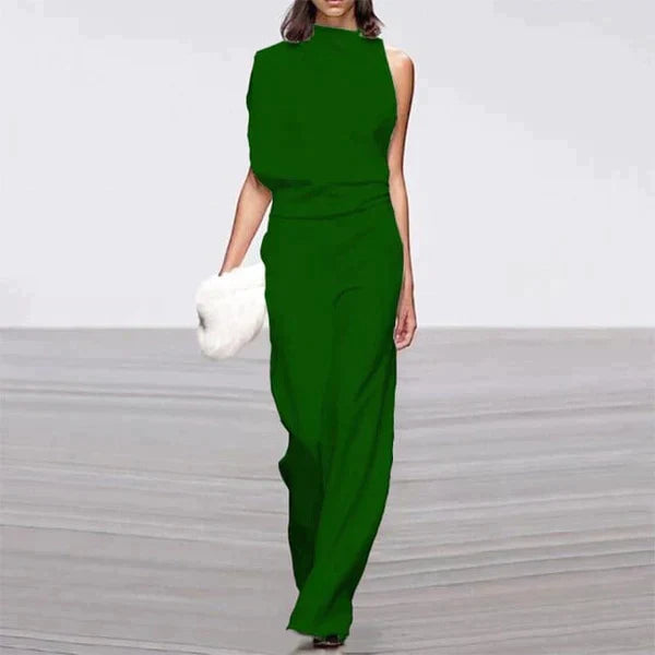 Women's Elegant One-Shoulder Fitted Jumpsuit with Wide Legs Green