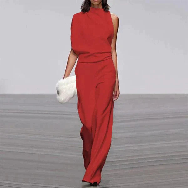 Women's Elegant One-Shoulder Fitted Jumpsuit with Wide Legs Red