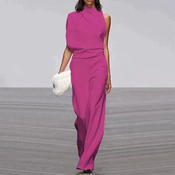Women's Elegant One-Shoulder Fitted Jumpsuit with Wide Legs Pink
