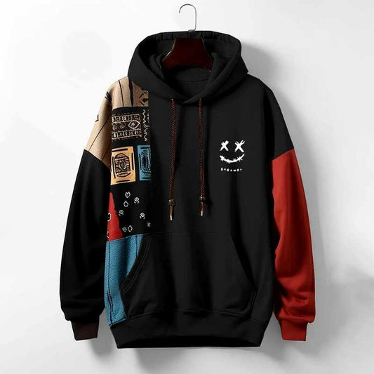 Men's Black Color Block Graphic Drawstring Hood Kangaroo Hoodie Black