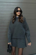 Women's Stylish Knitted Skirt and Sweater Set Grey