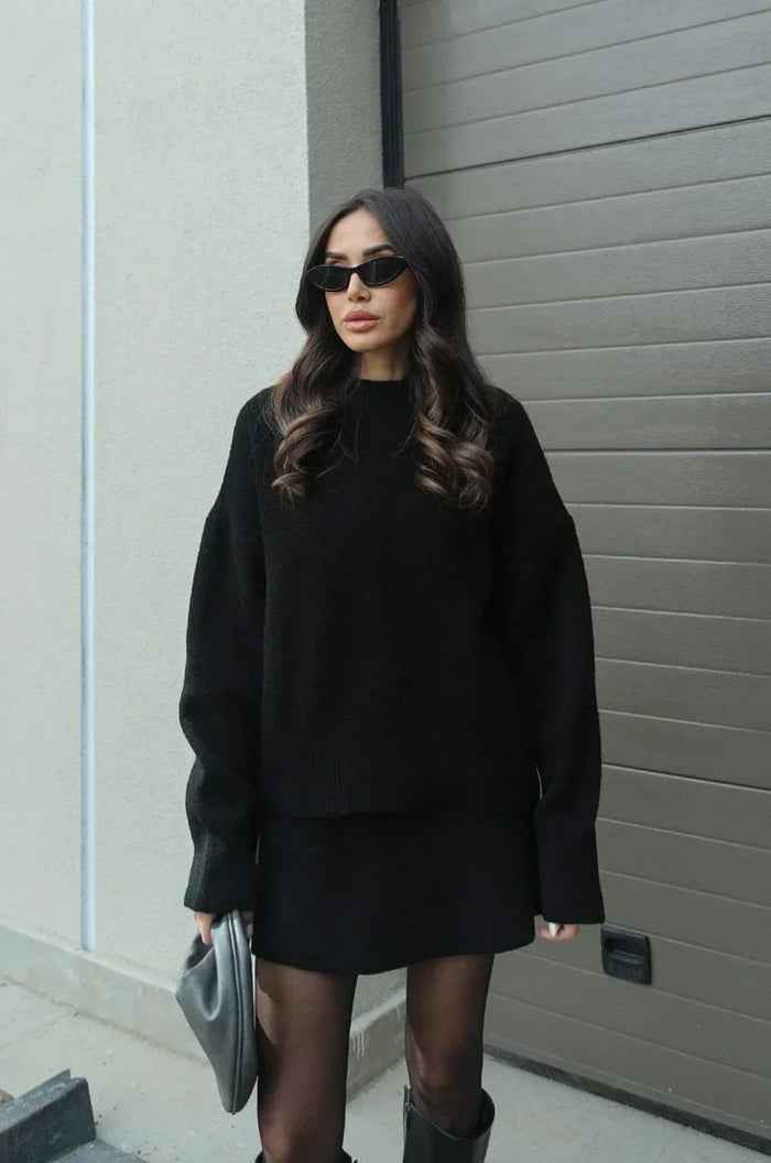 Women's Stylish Knitted Skirt and Sweater Set Black