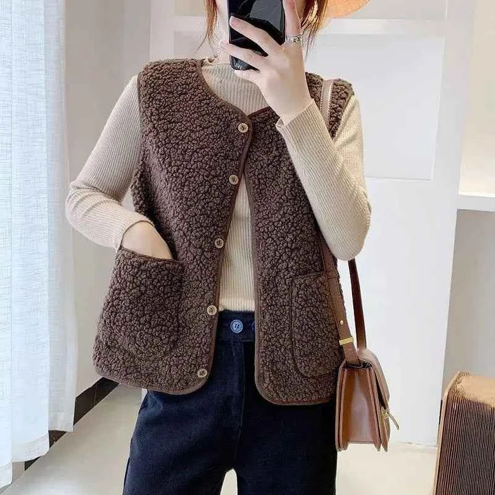 Women's Chic Fluffy Gilet - Stylish Outerwear Brown