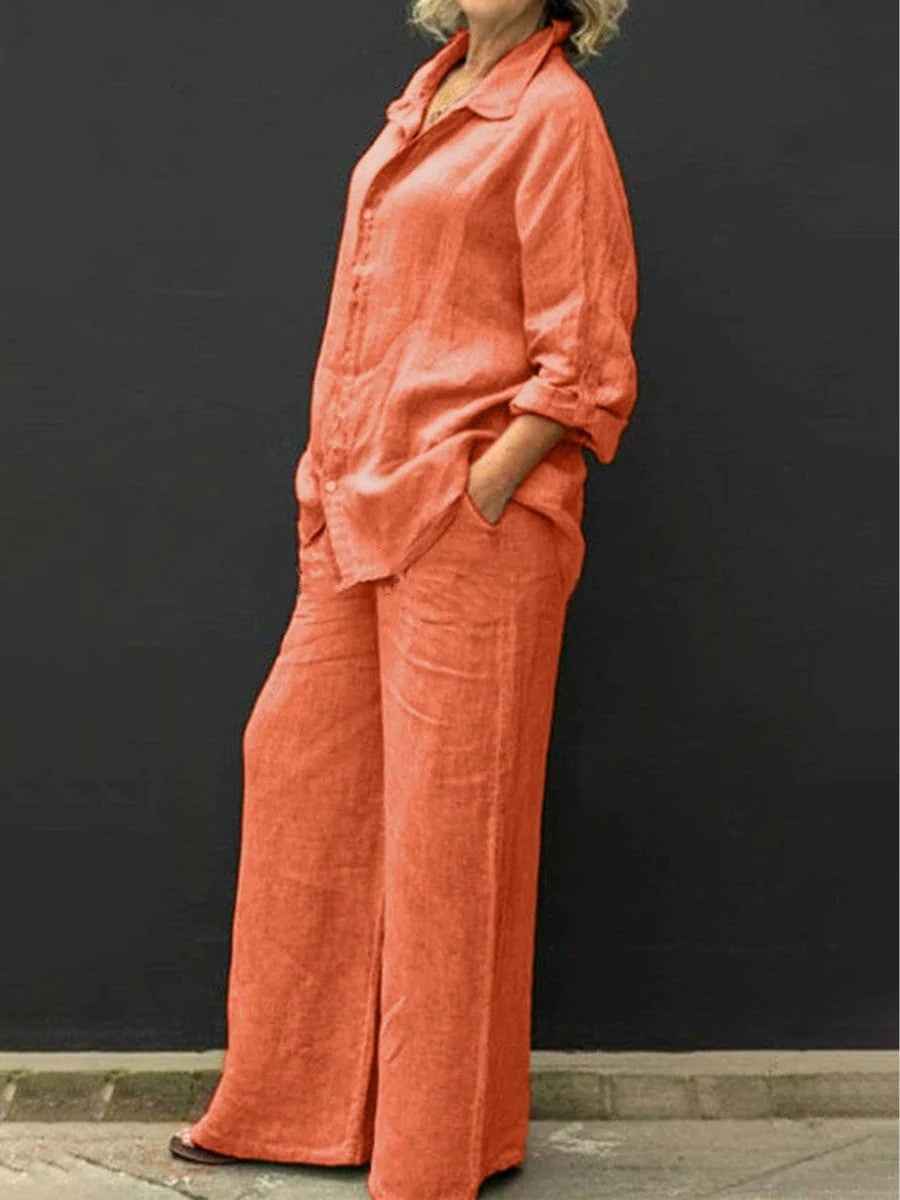Women's Linen Blouse and Wide Pants Set - Breathable Casual Comfort Coral