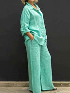 Women's Linen Blouse and Wide Pants Set - Breathable Casual Comfort Green