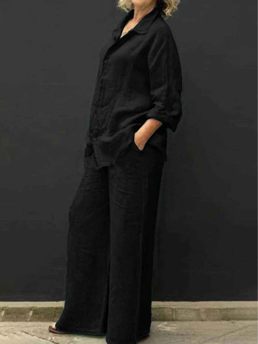 Women's Linen Blouse and Wide Pants Set - Breathable Casual Comfort Black