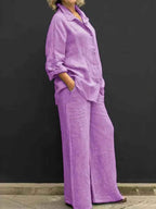 Women's Linen Blouse and Wide Pants Set - Breathable Casual Comfort Lilac