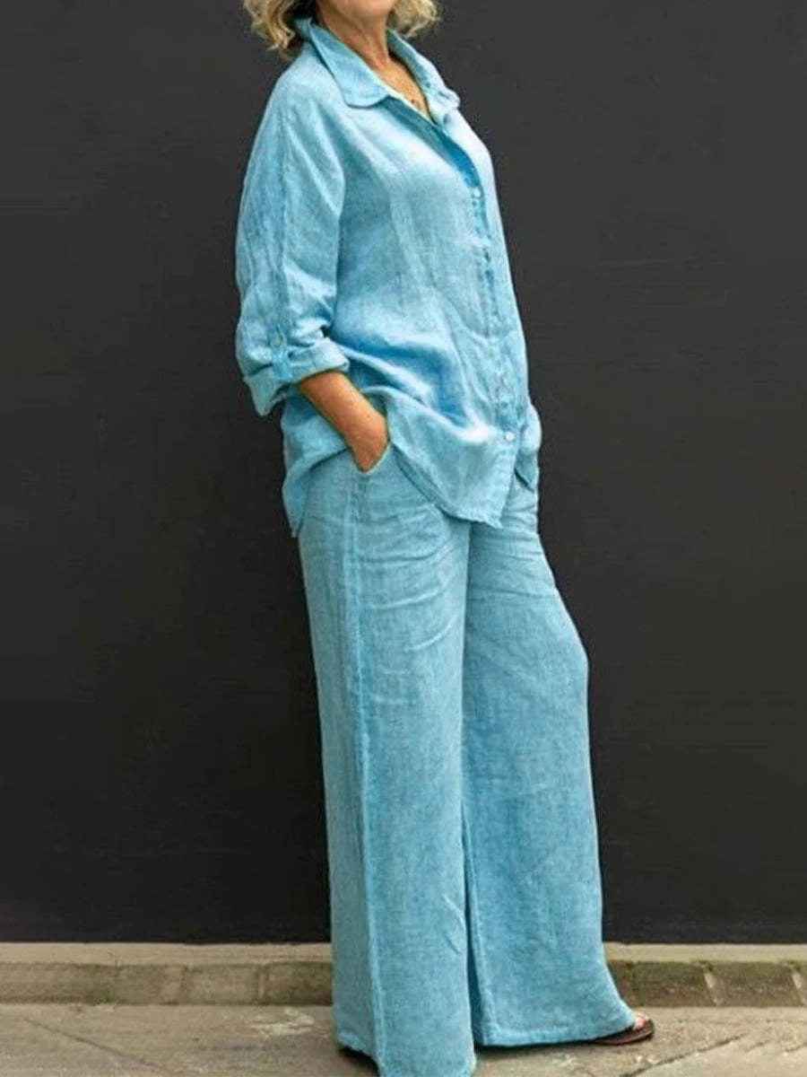 Women's Linen Blouse and Wide Pants Set - Breathable Casual Comfort Blue Sky