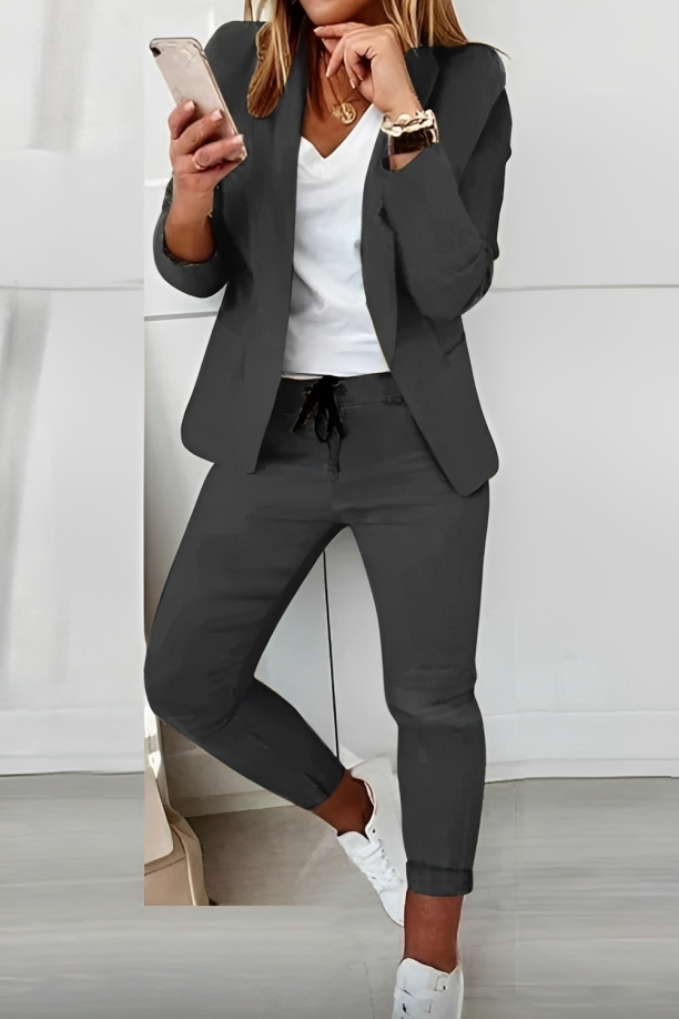 Women's Fitted Blazer Set with Comfortable Jogging Pants – Casual Style Dark Grey