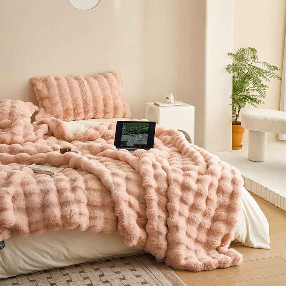 Cozy Faux Fur Plush Throw Blanket Pink