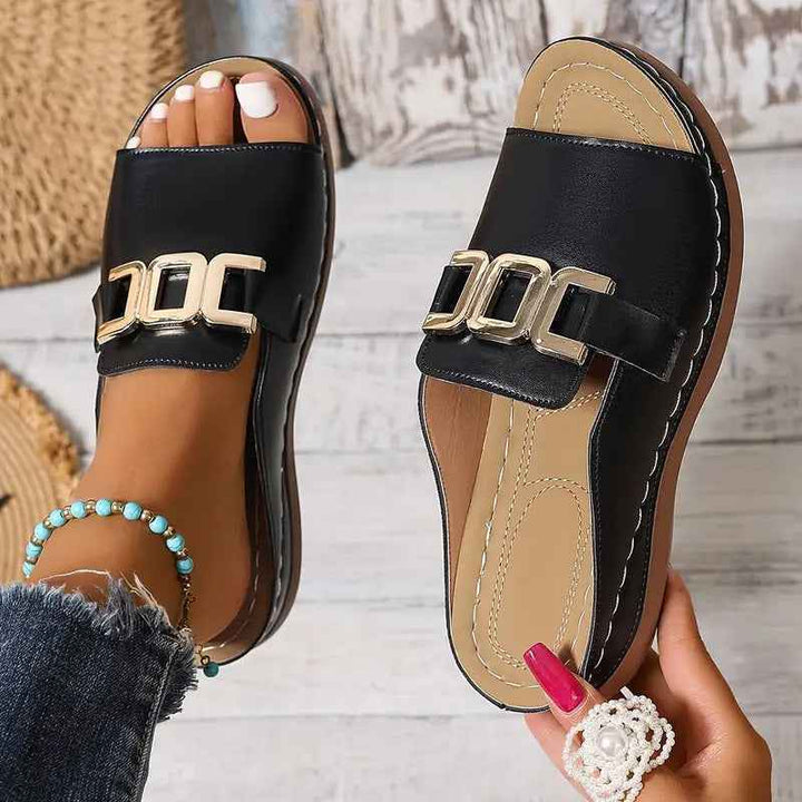 Ins Chain Wedges Sandals Summer Fashion Platform Peep-toed Slides Slippers Outdoor Thick Bottom Roman Shoes For Women Black