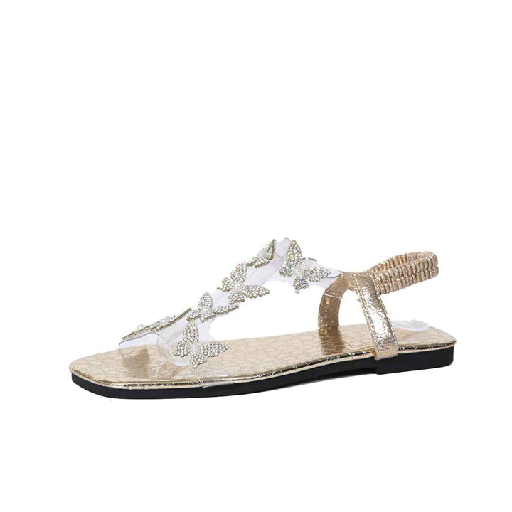 New Butterfly Rhinestone Sandals Summer Square Toe Flat Shoes For Women Gold