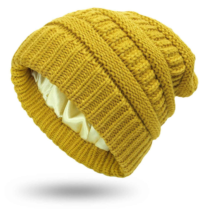 Warm Woolen Knit Satin Hats for Women's Protective Hairstyles