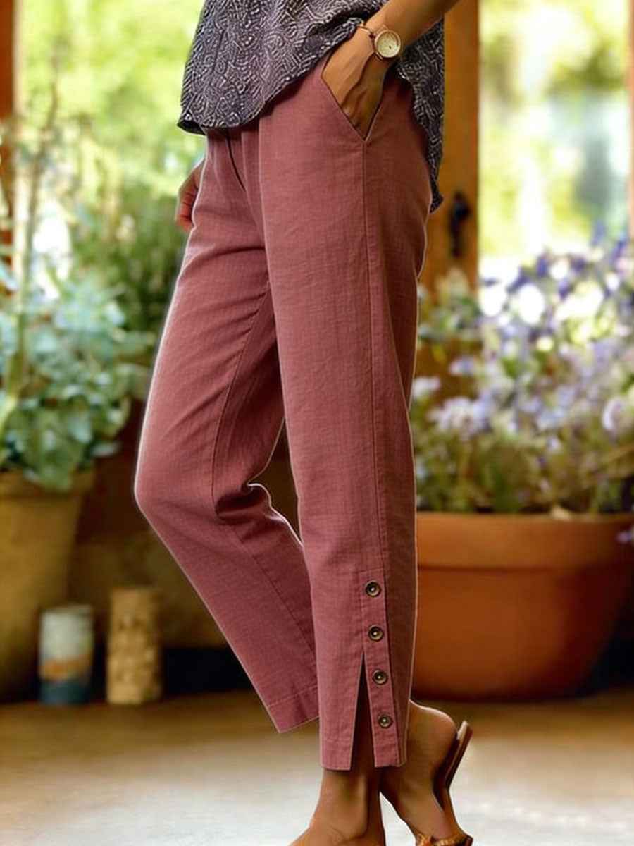 Women's Button Hem Ankle Trousers Red