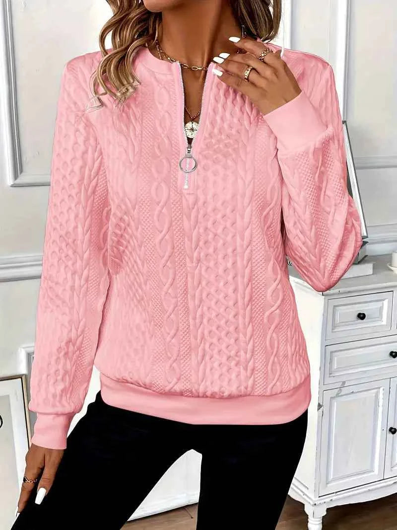 Women's Cable Knit Sweater - Round Neck, Long Sleeve, Zipper Detail