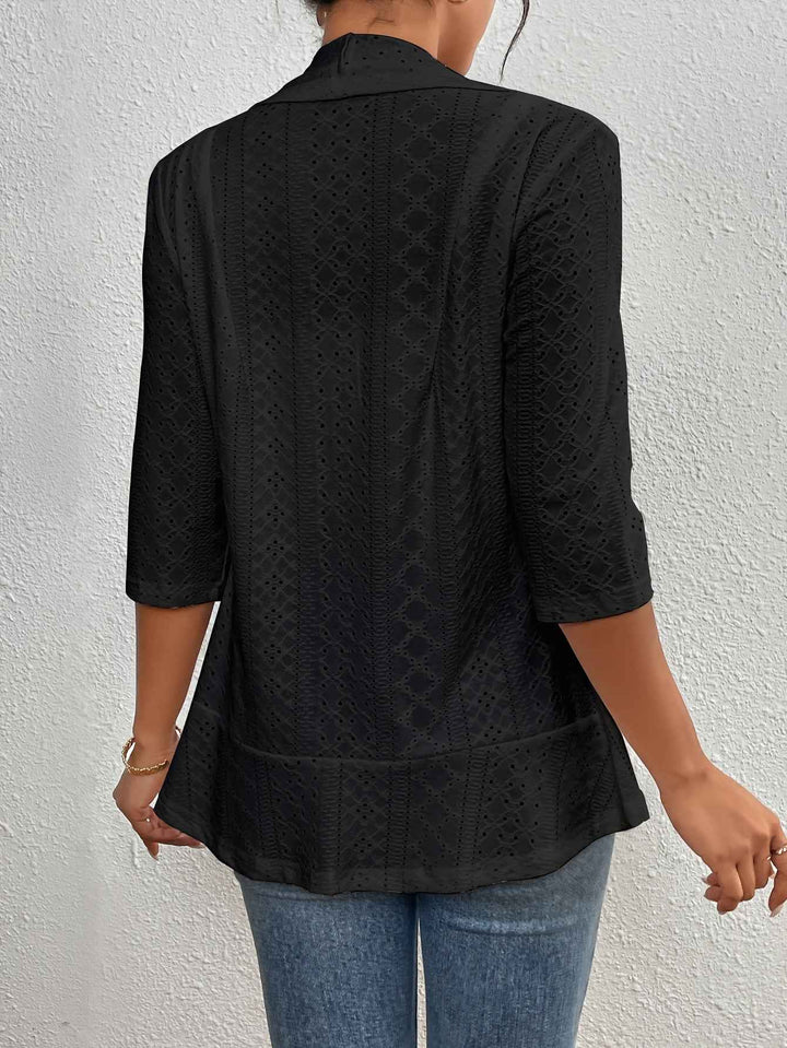 Women's Semi-Fitted Open Front Blazer with 3/4 Sleeves and Airy Eyelet Design