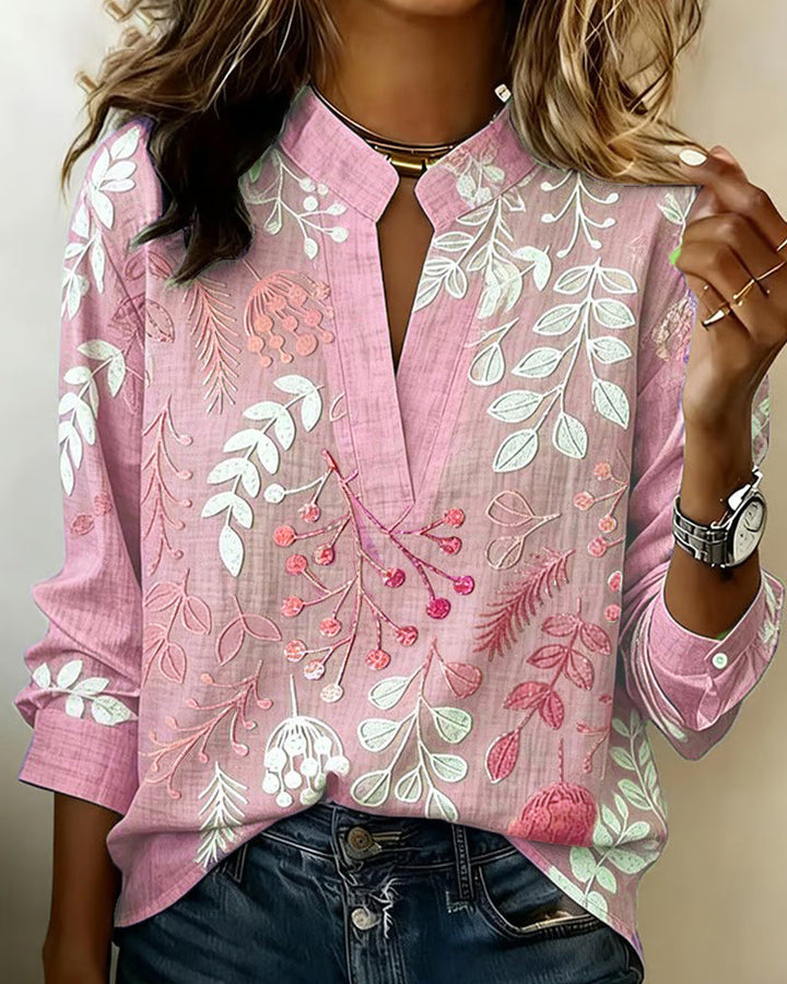 Women's Soft Touch Floral V-Neck Blouse in Pastel Colors Pink