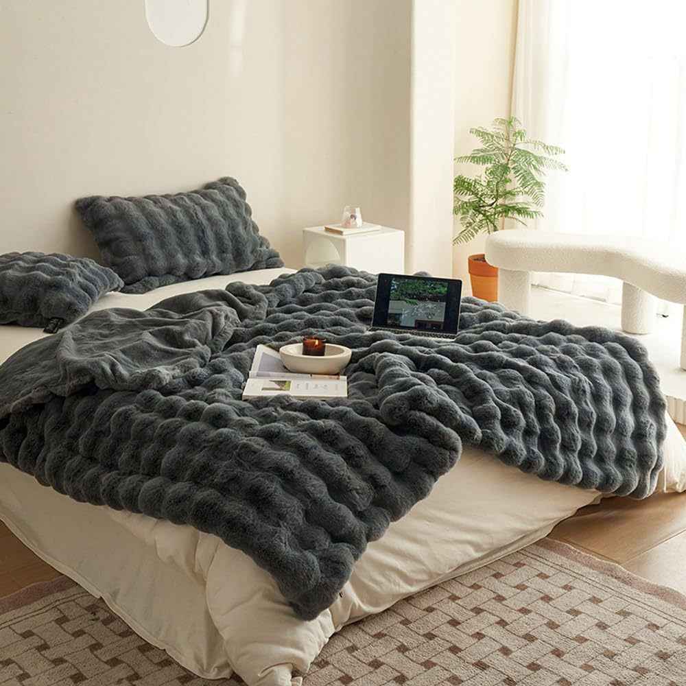 Cozy Faux Fur Plush Throw Blanket Grey