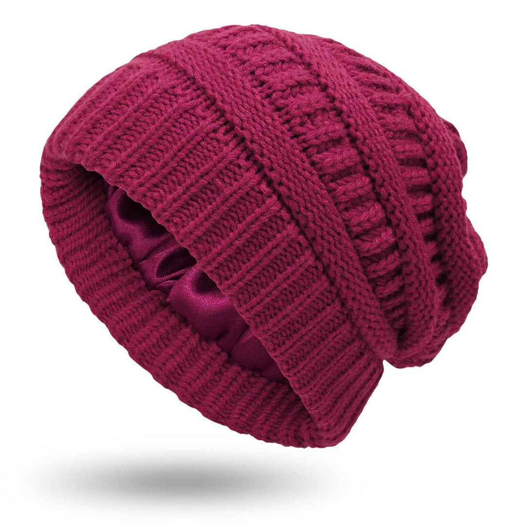 Warm Woolen Knit Satin Hats for Women's Protective Hairstyles Wine Red One size
