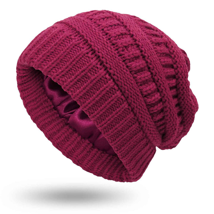 Warm Woolen Knit Satin Hats for Women's Protective Hairstyles Wine Red One size