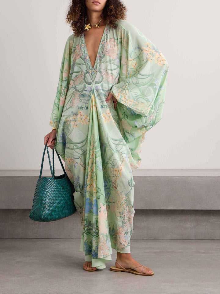 Women's Oversized Midi Dress with Unique Floral Print and V-Neck Green