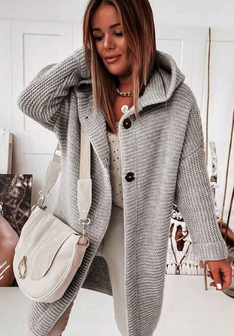 Women's Mid-Length Wool Knit Cardigan with Hood and Single-Button Closure - Relaxed Fit Grey