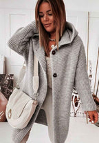 Women's Mid-Length Wool Knit Cardigan with Hood and Single-Button Closure - Relaxed Fit Grey