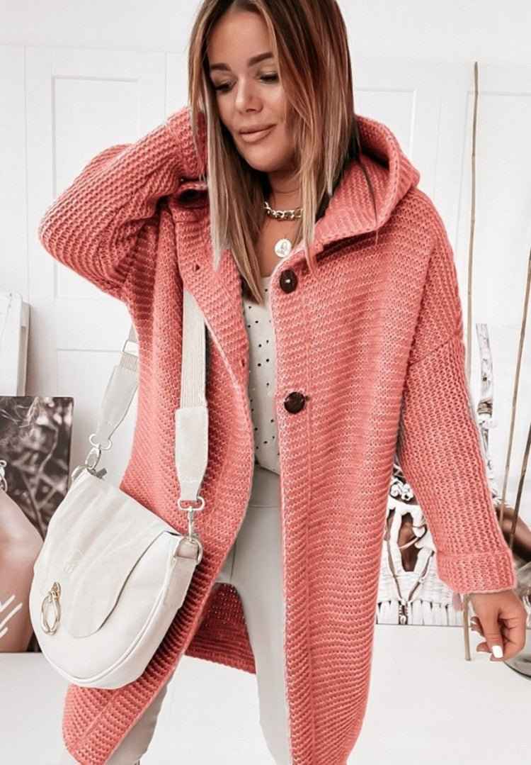 Women's Mid-Length Wool Knit Cardigan with Hood and Single-Button Closure - Relaxed Fit Red