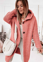 Women's Mid-Length Wool Knit Cardigan with Hood and Single-Button Closure - Relaxed Fit Red
