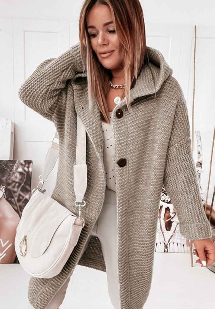 Women's Mid-Length Wool Knit Cardigan with Hood and Single-Button Closure - Relaxed Fit Khaki