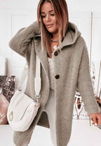 Women's Mid-Length Wool Knit Cardigan with Hood and Single-Button Closure - Relaxed Fit Khaki