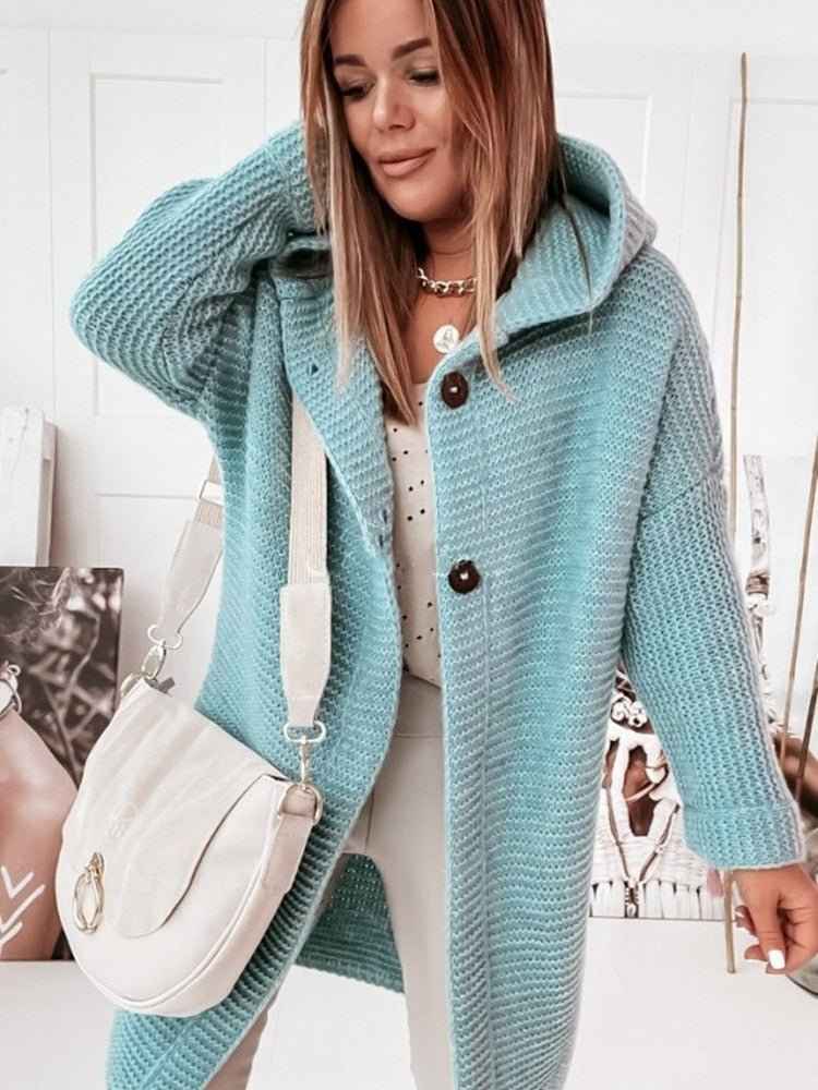 Women's Mid-Length Wool Knit Cardigan with Hood and Single-Button Closure - Relaxed Fit Mint Green