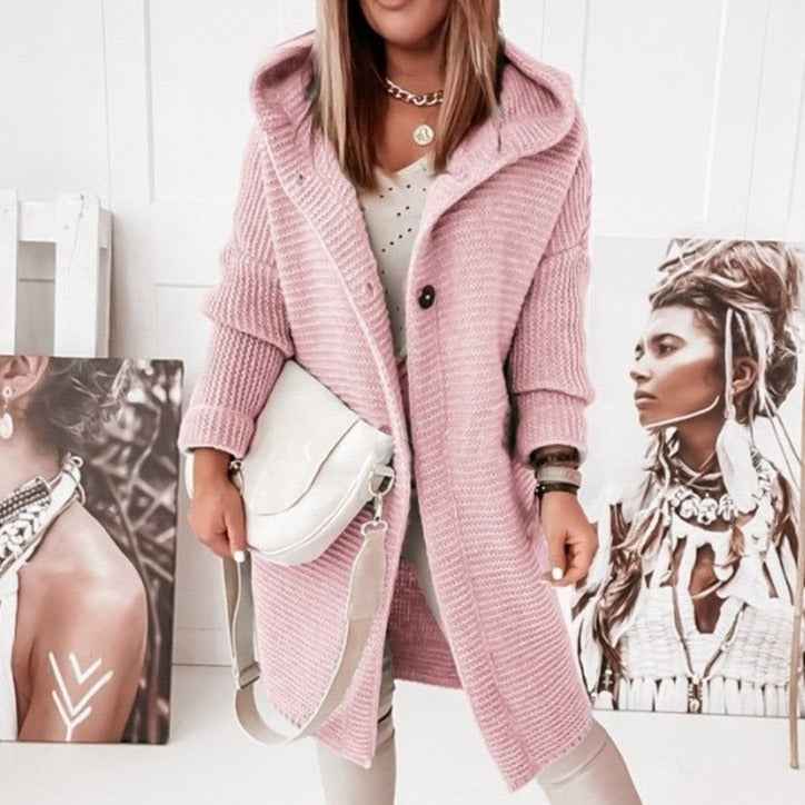 Women's Mid-Length Wool Knit Cardigan with Hood and Single-Button Closure - Relaxed Fit Pink