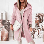 Women's Mid-Length Wool Knit Cardigan with Hood and Single-Button Closure - Relaxed Fit Pink