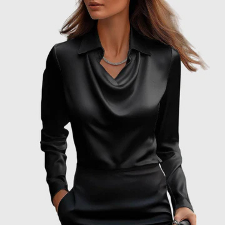 Women's Draped Cowl-Neck Collared Blouse Black