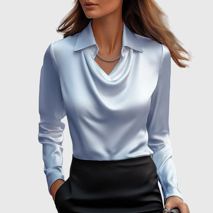 Women's Draped Cowl-Neck Collared Blouse Light Blue