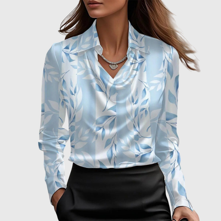 Women's Draped Cowl-Neck Collared Blouse Light Blue 2