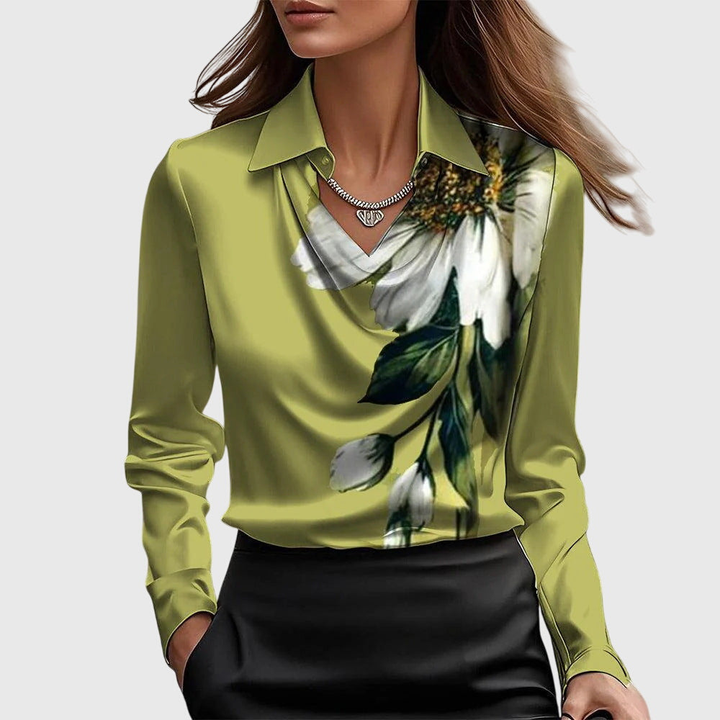 Women's Draped Cowl-Neck Collared Blouse Olive Green