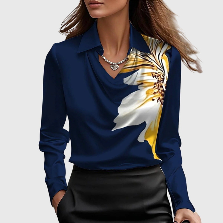 Women's Draped Cowl-Neck Collared Blouse Navy