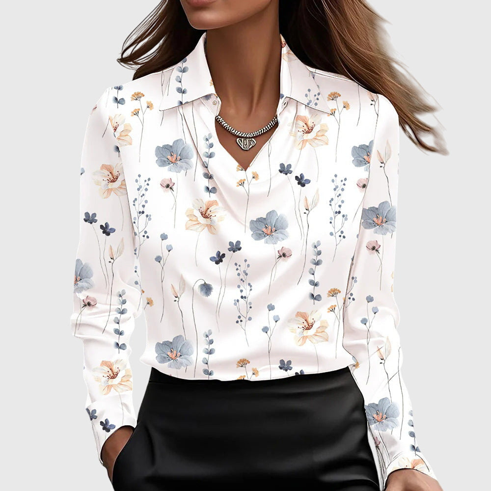Women's Draped Cowl-Neck Collared Blouse White