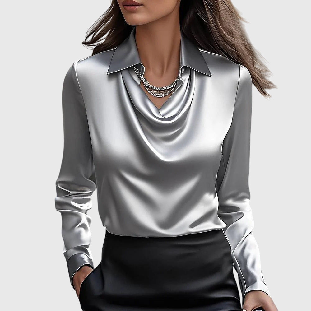Women's Draped Cowl-Neck Collared Blouse Silver