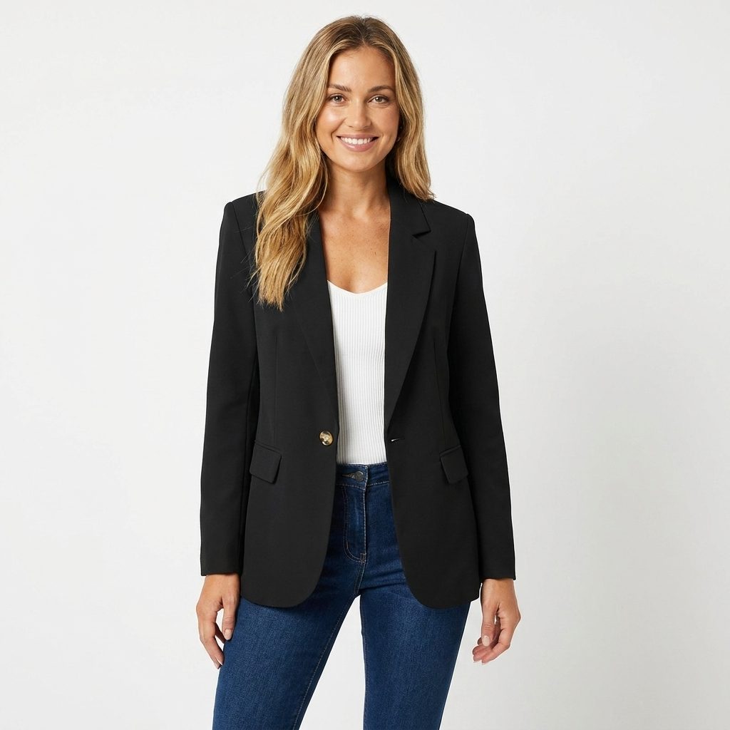 Women's Single-Breasted Longline Blazer with Notch Lapel Black