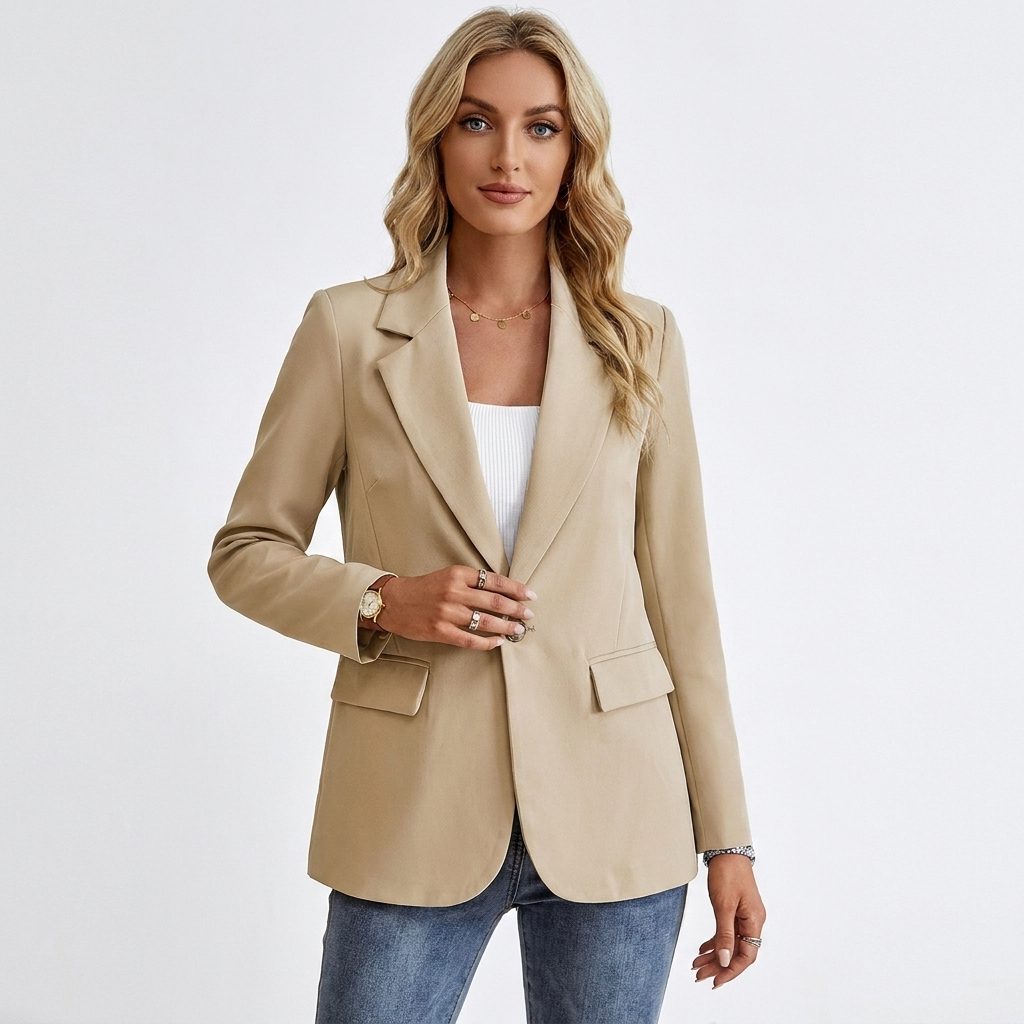 Women's Single-Breasted Longline Blazer with Notch Lapel Khaki