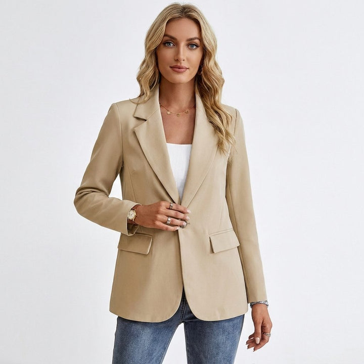 Women's Single-Breasted Longline Blazer with Notch Lapel Khaki